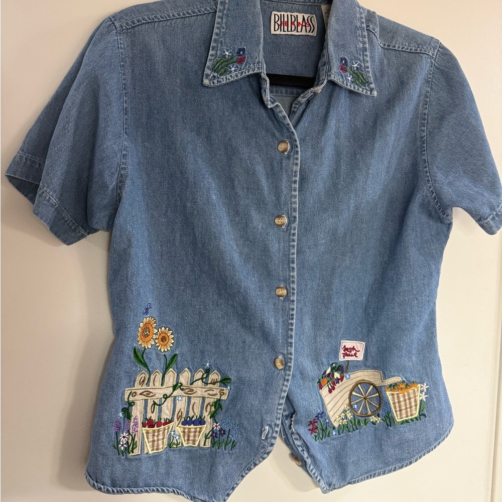 bill blass Light Blue Embroidered Denim Button-Up Shirt